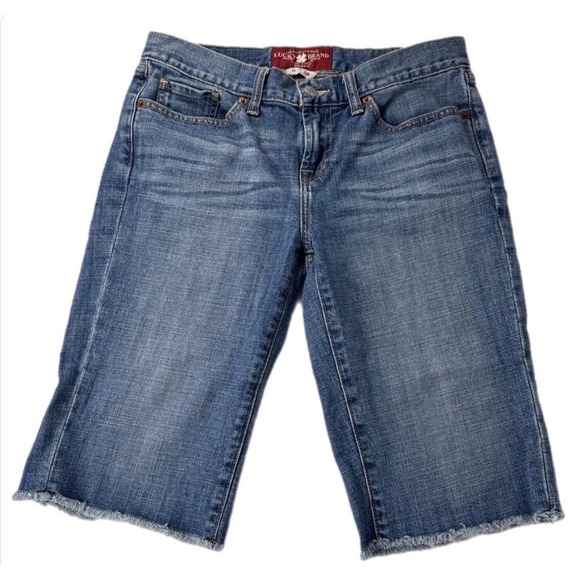 Lucky Brand Pants - Lucky Brand Abbey Bermuda Shorts Women 6 28 Blue Denim Embroidered Frayed Hem